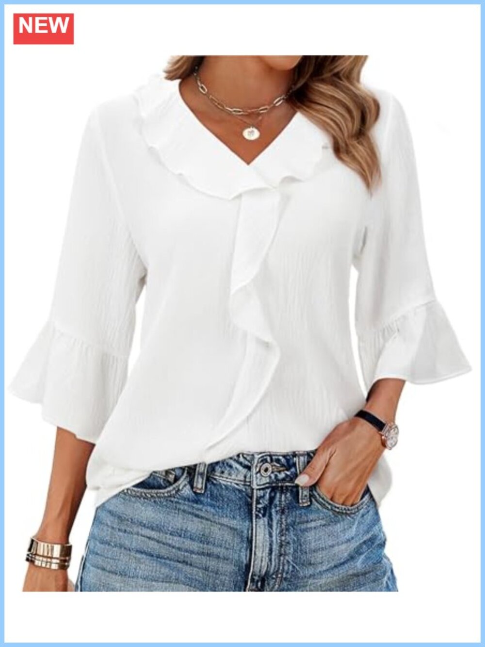 Womens Blouse 3/4 Sleeve Ruffle Bell Top Dressy Casual Business Work Shirt